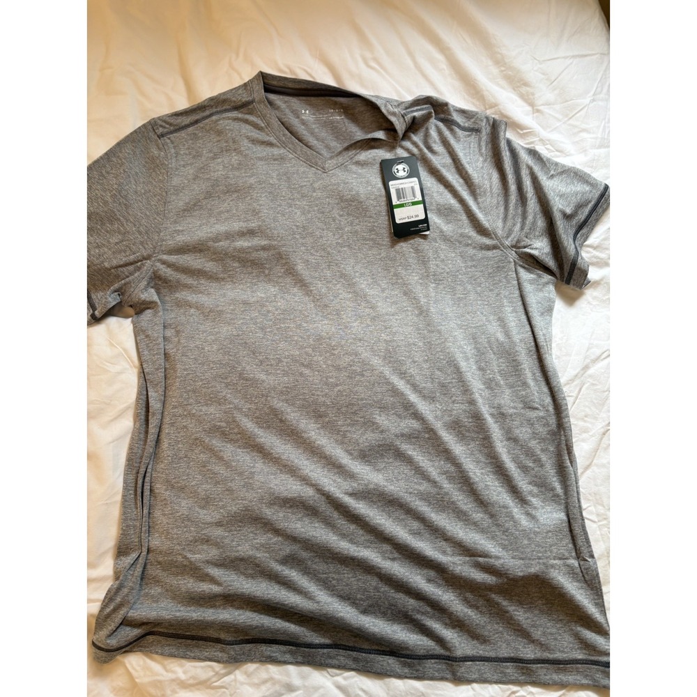 Under Armour Men's L Gray Loose Polyester V Crew Neck Logo T-Shirt NWT